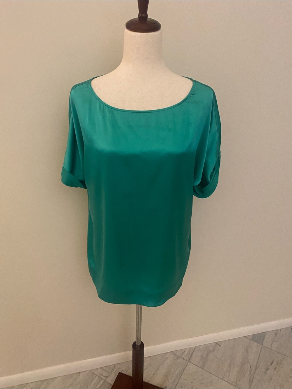White House Black Market Teal Satin Scoop-Neck Blouse